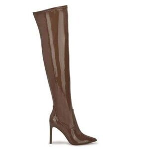 Nine West Tracy Over‑the‑Knee Boots Brown Patent 8.5 NIB Pointed Toe Stiletto